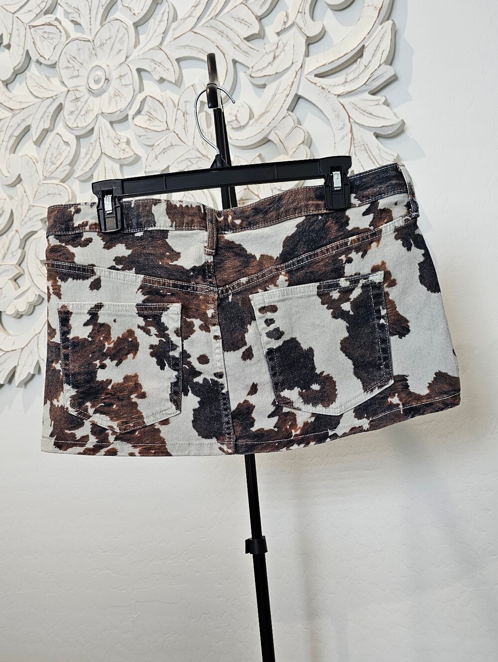 BDG Cow Print Denim Mini Skirt in White & Brown Y2K Women's Sz Large - Picture 3 of 8